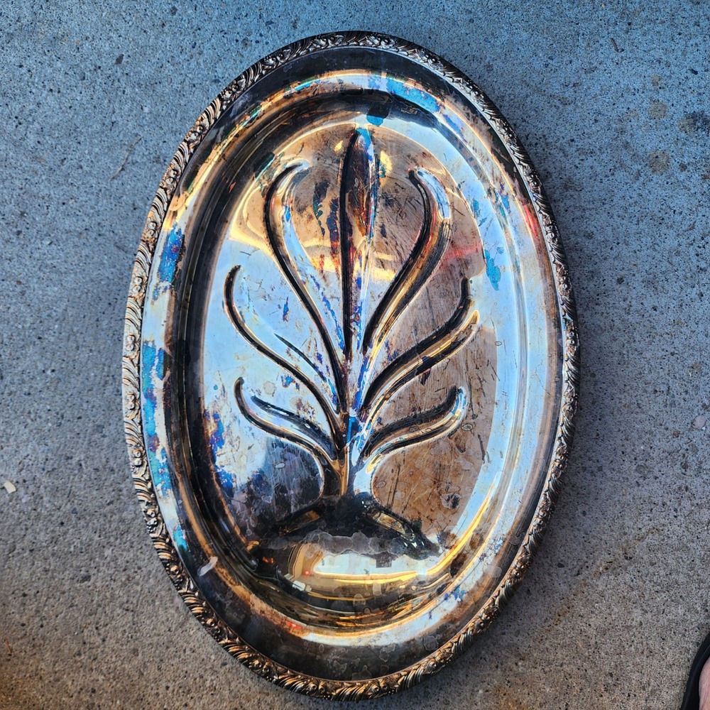 Oneida Henley Community Silver Plate Meat Platter Tree of Life Footed Tray Oval